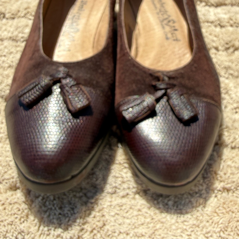 Umberto Mari Brown Suede Lizard Embossed Tassel Loafers Wedge Shoes Womens 8